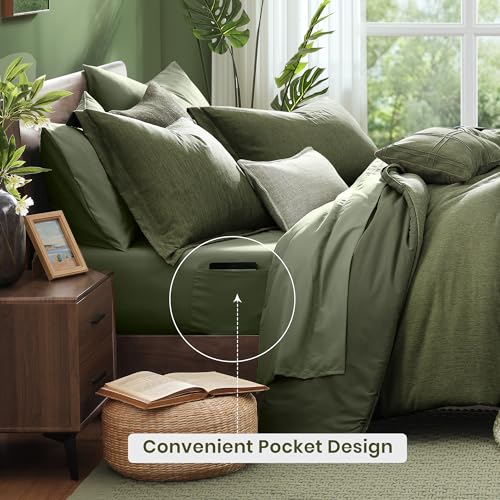 Monbix Oversized Queen Comforter Set Olive Green 7 Pieces Bed in a Bag