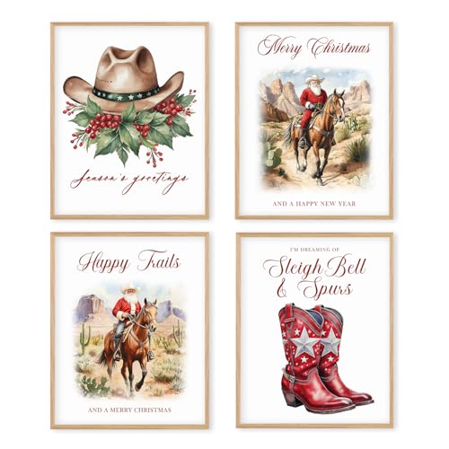 Western Santa Wall Art Prints Set of 4 - Cowboy Cowgirl Holiday Decor, Unframed 8x10