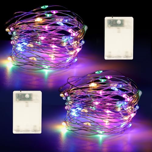 Fairy Lights Battery Operated String Lights 16.4ft 50LED Flashing and Constant Light Waterproof Silver Wire for Christmas DIY Party Wedding Decoration (Multicolor, 2 Pack)