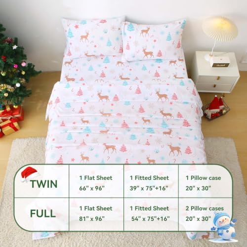 Kids Full Size Christmas Sheet Set White with Reindeer & Trees, Holiday Bedding