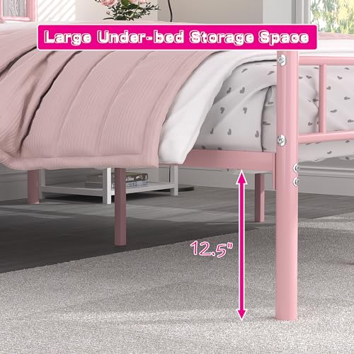 Pink Queen Size Metal Bed Frame with Headboard & Footboard - Heavy Duty, No Box Spring Needed, 14 Inch