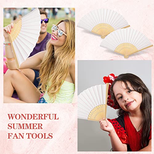 Yinkin 100 Pack Folding Hand Fans Bamboo for Party Favors, White