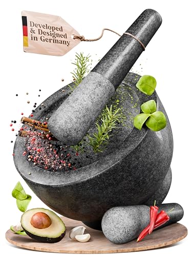 Large Granite Mortar and Pestle Set - 5-Cup Capacity, Dual Pestles, Heavy Duty Kitchen Tool - Black