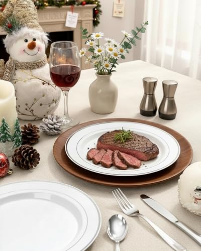 bUCLA 100 Pieces Silver Rim Plastic Dinner Plates 10.25in - Disposable Wedding & Party Plates
