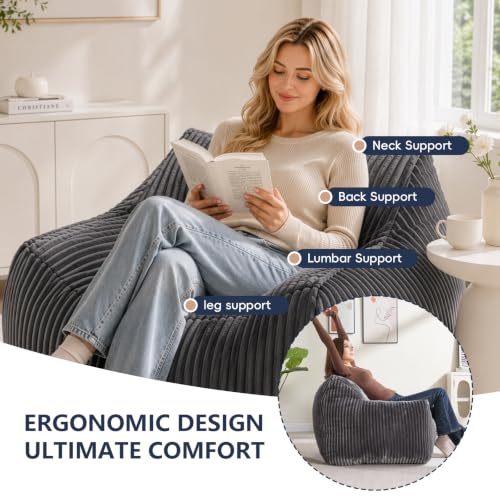 Dark Grey Plush Large Bean Bag Chair for Adults with Armrests & Back Support