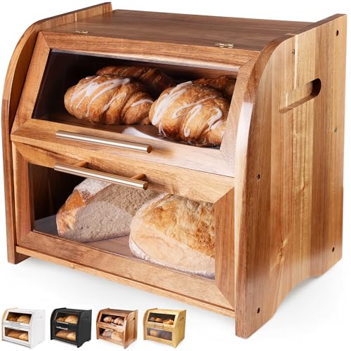 Acacia Wooden Bread Box for Kitchen Countertop - Extra Large 2-Shelf - Umber Finish