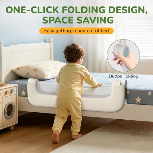 Deeteck Beige 32-Inch Toddler Bed Rail for Baby Safety, Foldable & Adjustable