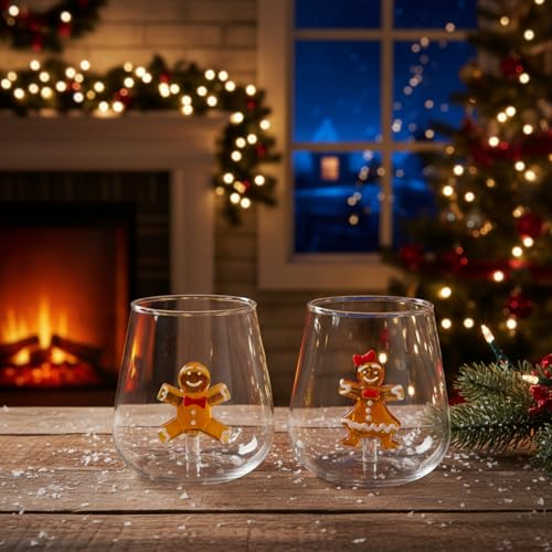Reallnaive Christmas Gingerbread Man Stemless Wine Glass Set - 12oz, 2 Pack