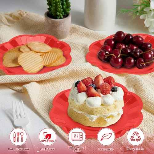 50 Pcs Red Paper Plates 25 ¡¿ 7'' and 25 ¡¿ 9'' Disposable Scalloped Red Dinner Plates Cute Party Plate for Birthday, Christmas, Picnic