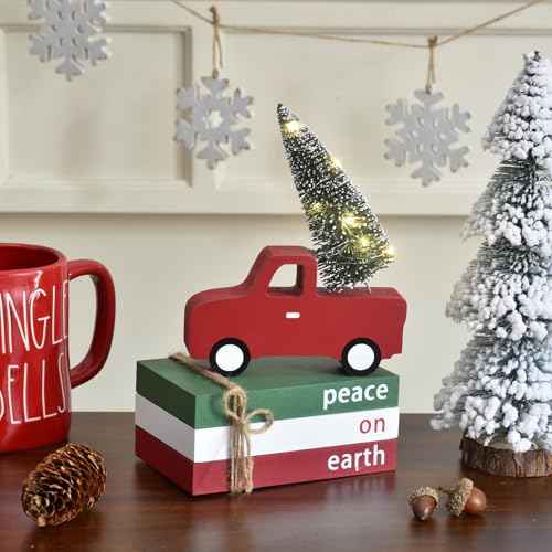 Christmas Decorations for Home, 4pcs Xmas Tiered Tray Decor with Wooden Red Truck, LED Lighted Tree & Book Stack, Rustic Christmas Table Centerpiece for Kitchen, Shelf, Office (4 pcs)