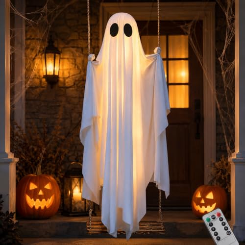 Halloween Outdoor Swinging Ghost with Lights - 5 FT Light Up Ghost Porch Decor with Remote String Lights - Halloween Yard & Entryway Decoration