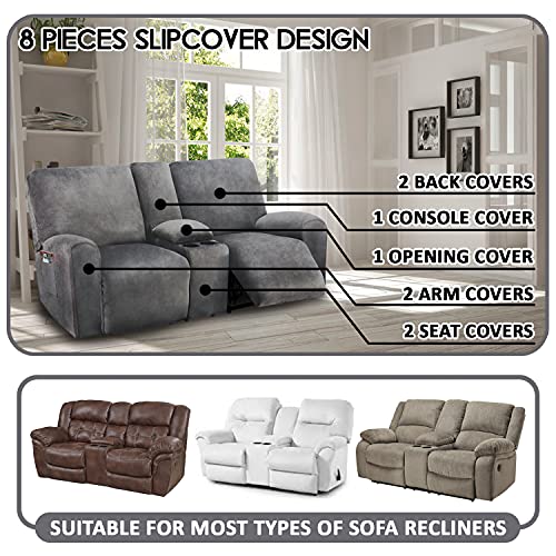 ULTICOR Dark Grey Velvet Reclining Loveseat Cover with Middle Console, 8-Piece Sofa Slipcover, Washable & Soft
