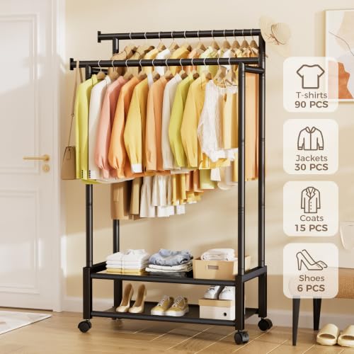 SpaceHidden Black Double Rod Clothing Rack with 2 Shelves, Rolling, Wobble-Free