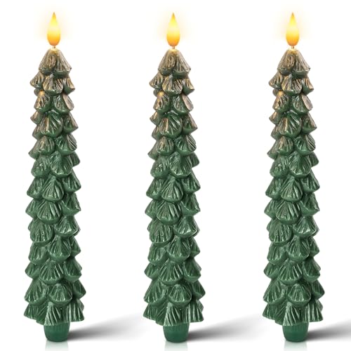 Homemory Flameless Christmas Taper Candles with 3D Flickering Flame, 9.6 Inch, Battery Operated with Timer, Pack of 3