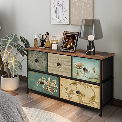 Fabric Dresser with 5 Drawers and Retro Floral Pattern – Bedroom Storage Chest, Wooden Top, 39W x 21.5H inches - Variation of THIS listing