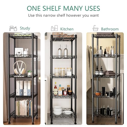 Adjustable 5-Tier Metal Wire Shelving Unit - Black, Narrow Storage Rack