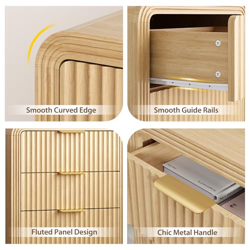 Decofy Fluted Nightstand with 3 Drawers & Charging Station - Natural Oak, Variation 1