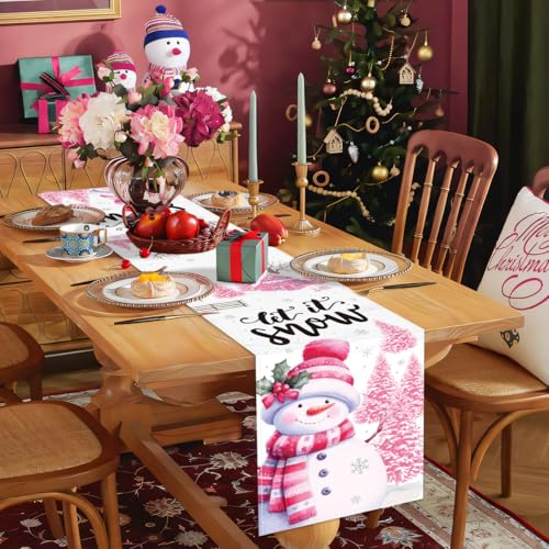 Pink Snowman Christmas Table Runner 13x72 Inch Holiday Decor for Dining