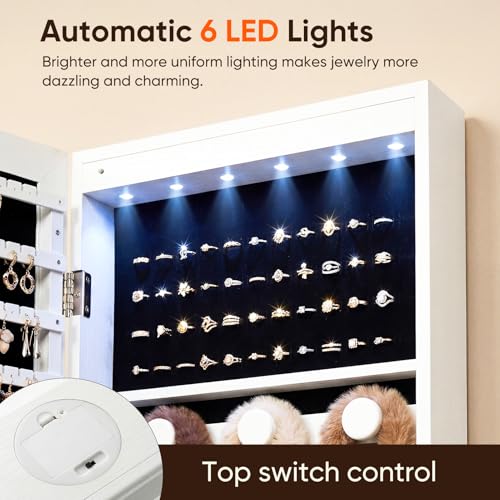 Full-Length Wall-Mounted Jewelry Cabinet with Lock & LED Lights - White, 50"