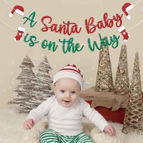 Santa Baby is on the Way Banner - Christmas Baby Shower Decorations, Winter New Year Birthday Party Decorations, Red & Green Glitter