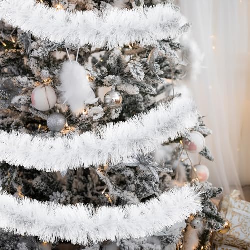 Dingion 50 ft White Tinsel Garland Christmas Tree Fluffy Metallic – Metallic Variant