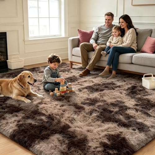 Mottled Brown 8x10 Area Rugs for Living Room, Fluffy Shag Rug Large