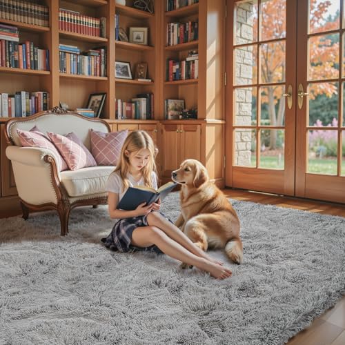 Light Grey 8x10 Shaggy Area Rug for Living Room - Soft Plush Furry Rug
