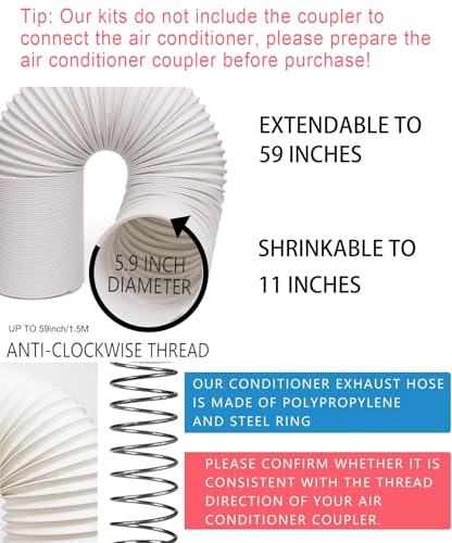 Aukney Portable AC Window Vent Kit with 5.9 Inch Diameter, 59 Inch Exhaust Hose, Adjustable Sliding Window Seal