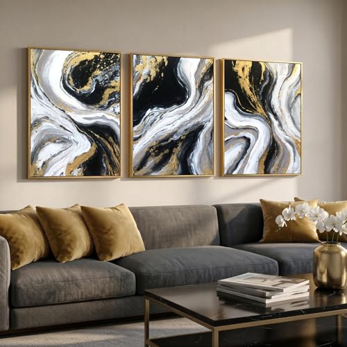 Black White and Gold 3-Piece Abstract Wall Art Set - 16x24 Inch Framed Canvas