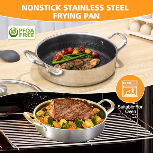 Stainless Steel 14 Inch Deep Saute Pan with Lid - 7QT Nonstick Frying Pan