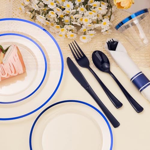 Blue Disposable Plastic Plate Set for 50 Guests - 350 Pieces