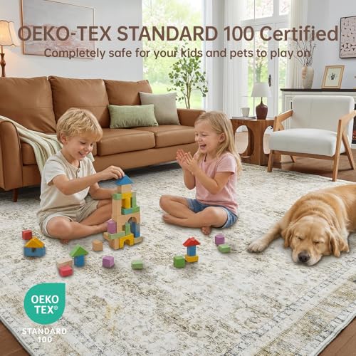 Beige 5x7 Area Rug - Ultra-Soft Washable Vintage-Style Living Room Carpet