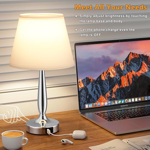 Kakanuo Silver Touch Bedside Table Lamp with USB & 3-Way Dimmable Light - White & Silver