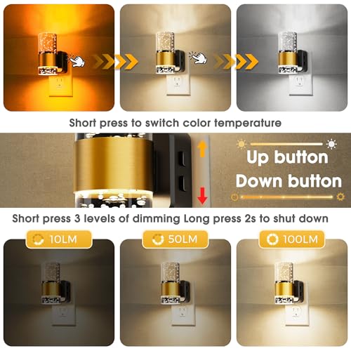 L LOHAS LED Night Light Wall Plug with Dusk-to-Dawn Sensor & 3 CCT, Gold Ring - 2 Pack
