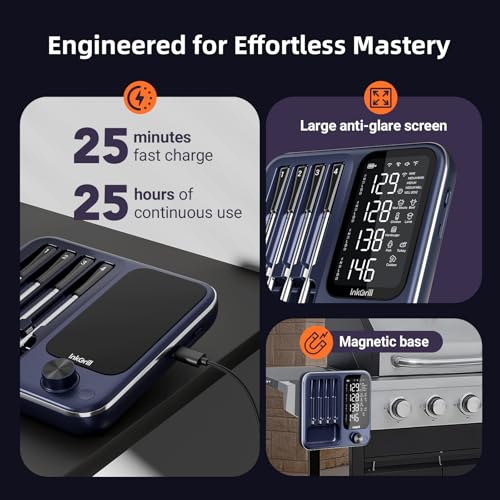 Wireless Digital Meat Thermometer with 4 Probes & IP67 Waterproof for Grill Oven Cooking
