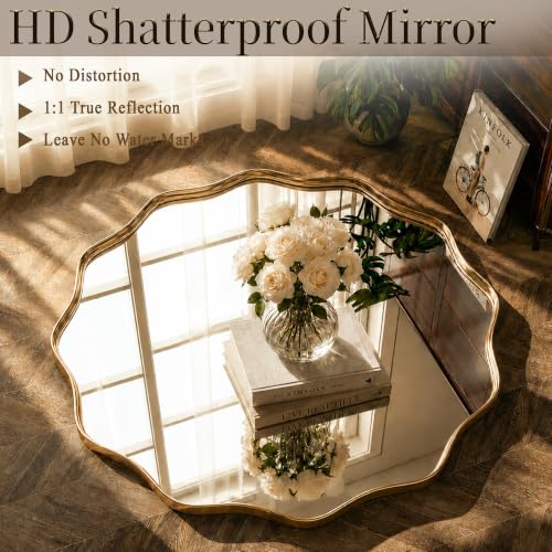 VooBang 24-Inch Gold Scalloped Wavy Edge Round Wall Mirror - Vintage Style