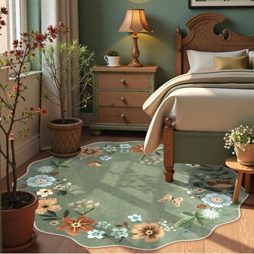 Lahome 6ft Green Floral Washable Round Area Rug – Non-Slip Large Circular Carpet