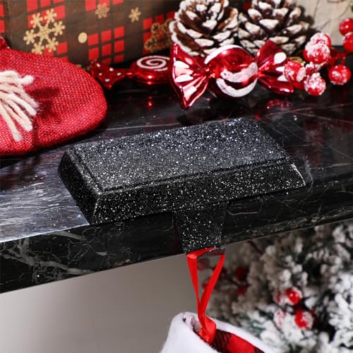 Huwena 6 Pcs Glittery Black Stocking Holders - Christmas Mantel Hooks