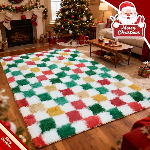 Boshengya Christmas Checkered Rug 6x9 ft Red & Yellow Holiday Fuzzy Carpet