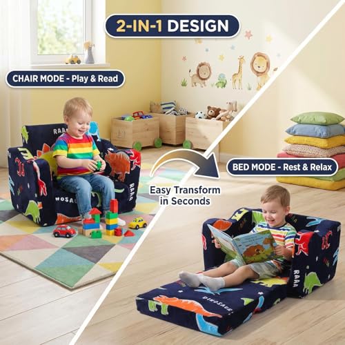 ONEKUKA Blue Glow-in-the-Dark Dinosaur Toddler Couch 2-in-1 Kids Play & Reading Seat