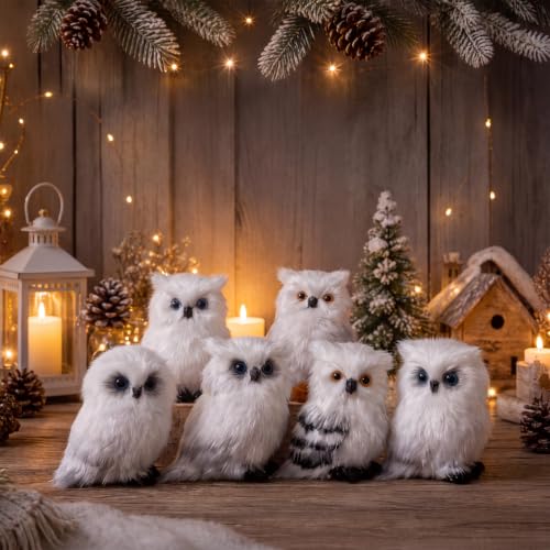 Sratte 24-Pack Christmas Owl Ornaments White and Brown Furry Decorations