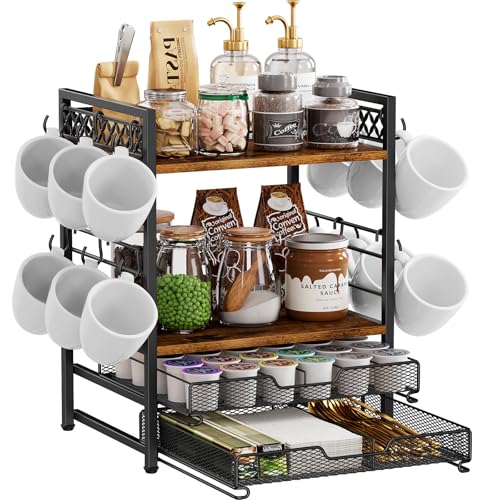 Coffee Station Organizer with Mug Hooks and 4-Tier Pod Storage - Countertop Coffee Bar