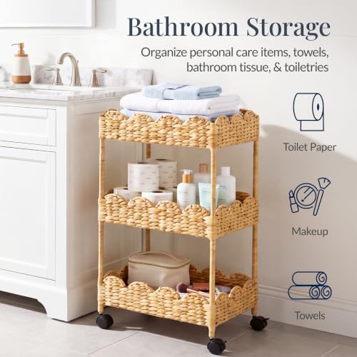 Natural 3-Tier Scalloped Nursery Caddy with Wheels - Handwoven Water Hyacinth Storage Cart