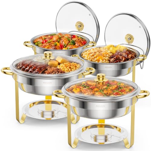 5QT Chafing Dish Buffet Set - Gold Accent, Round Stainless Steel, 4 Pack