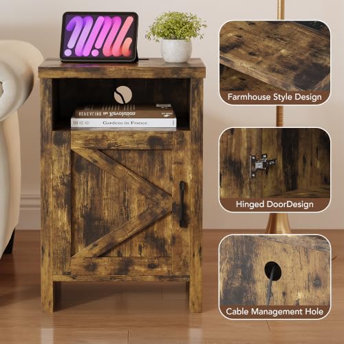MXV Nightstand Set of 2 with Charging Station - Farmhouse End Tables with Storage