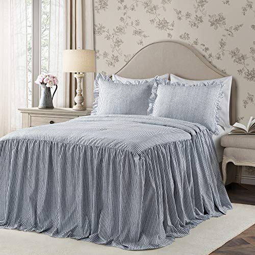 Lush Decor Navy King Size Ticking Stripe Bedspread Set with Ruffle Skirt