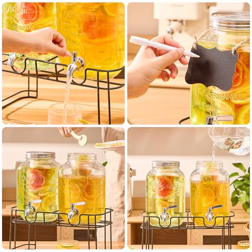 2 Gallon Glass Drink Dispenser Set with Stand & Fruit Infuser - Leakproof Spigot