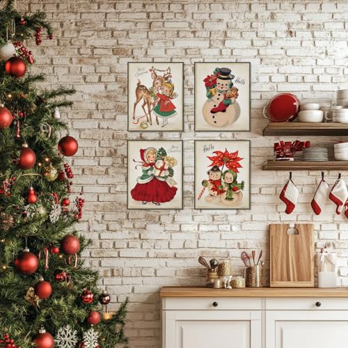 PLKMN Vintage Snowman Christmas Wall Art Print Set of 4, 8x10in Unframed