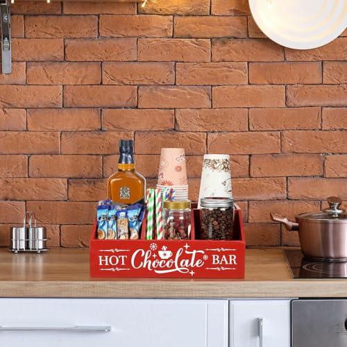 Barydat Red Hot Cocoa Bar Organizer Wood Countertop with 4 Compartments