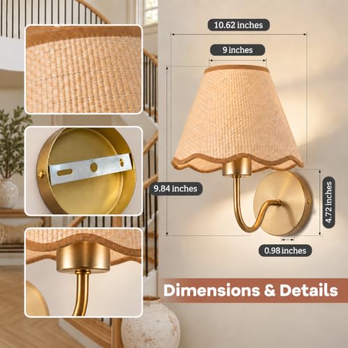 ADISUN 10-Inch Gold Wall Sconce Set of 2 with Rattan Shades - Battery Operated, Rechargeable Wall Lamps for Living Room & Bedroom